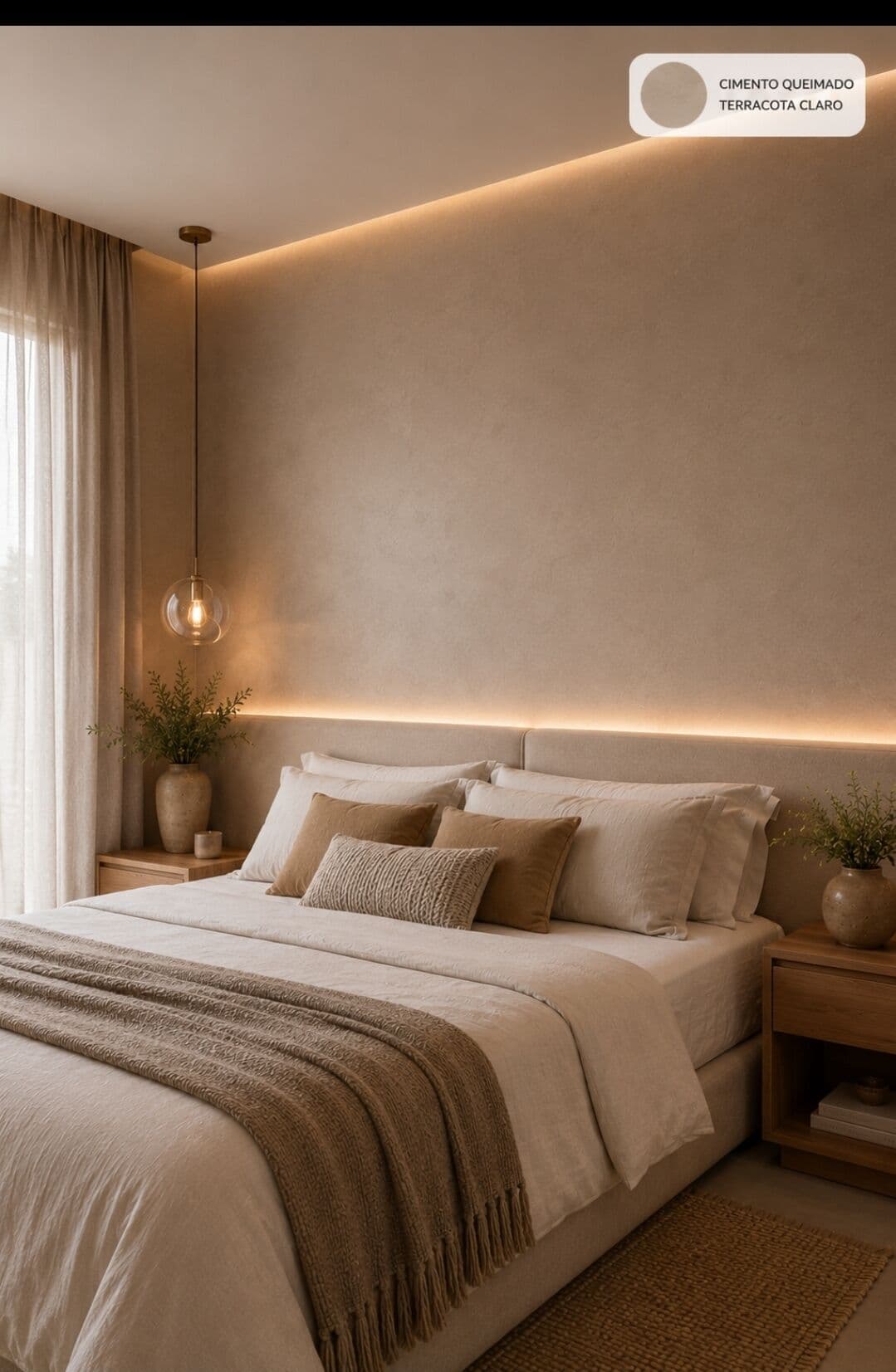 Inspiração de quarto em tons naturais com acabamento suave